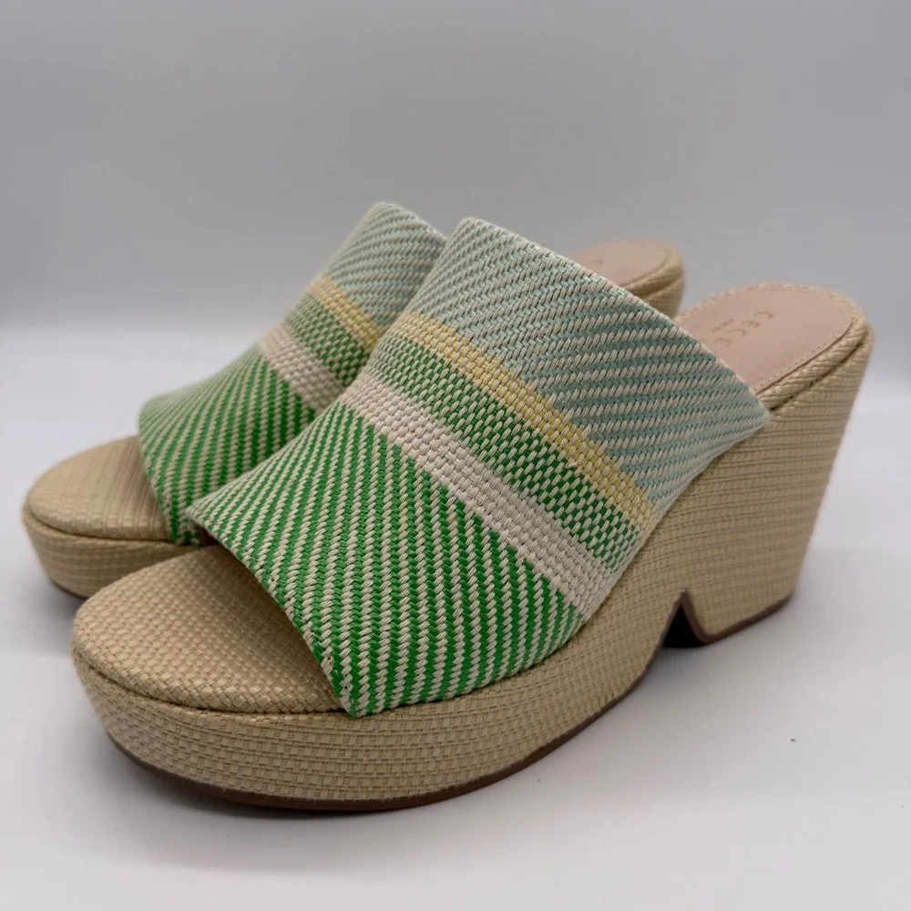 Cecelia New York Frost Green Natural Raffia Platform Wedge Mules 8.5M New